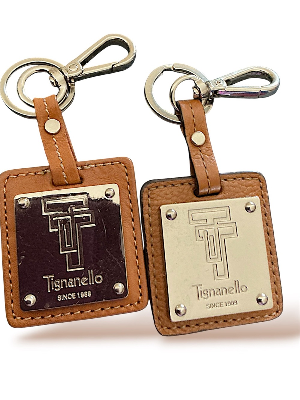 Tignanello Tan Leather Keychain Pair with Gold-Tone Logo Plates